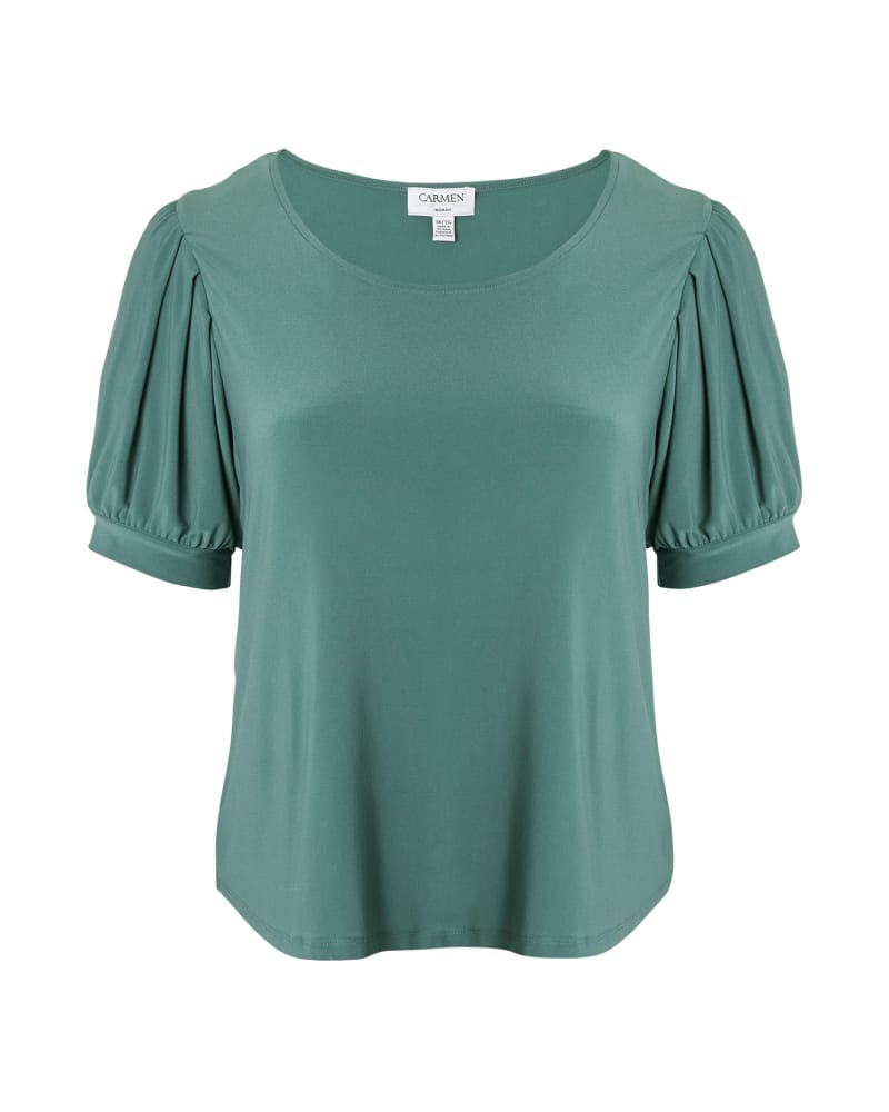 Front of a size 1X Brenna Puff Sleeve Top in Verdigris by CMV. | dia_product_style_image_id:301783